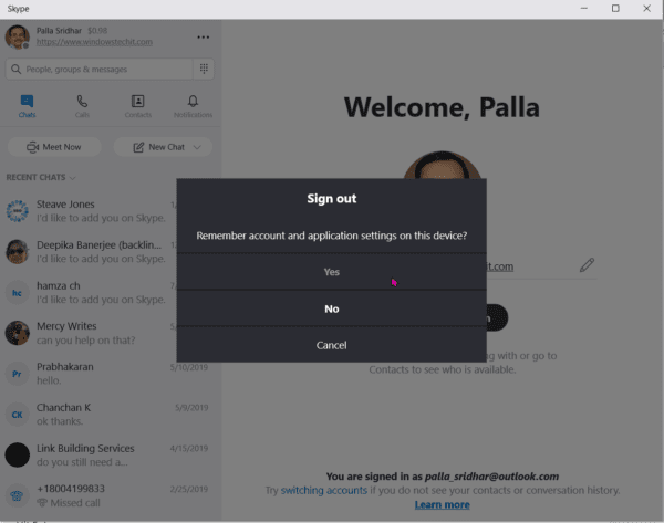 Sign Out Notification Skype App Windows 10