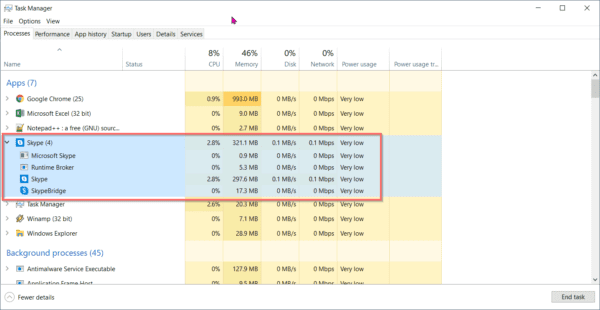 Skype App Sub Processes Windows 10