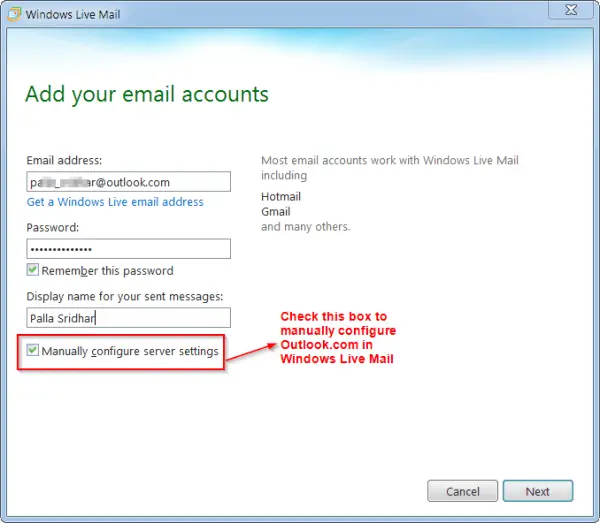 Add Email Account Details in Windows Live Mail