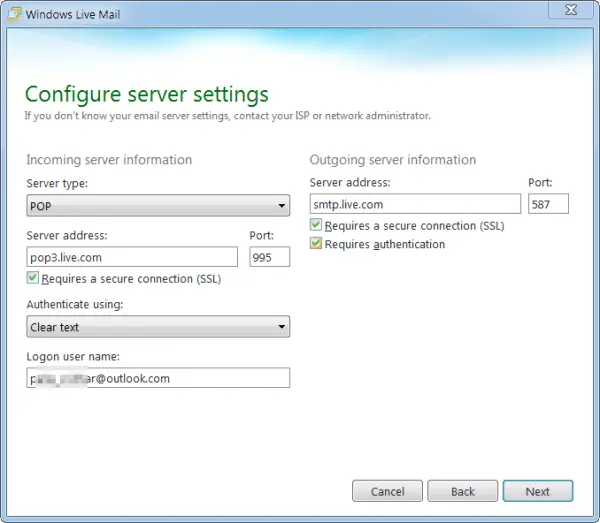 Configure Outlook.com Settings in Windows Live Mail 