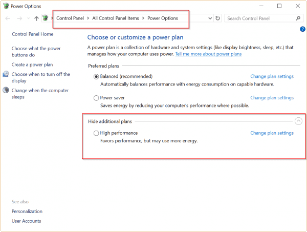 using power settings to speed up windows 10