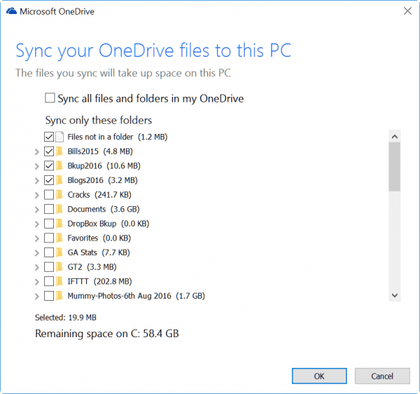 options to choose the folders to sync onedrive and windows 10 pc