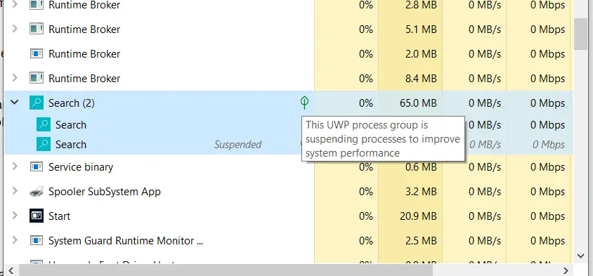 search process is suspended in windows 10