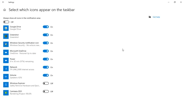 Customize Taskbar – Show Notification Area Icons Windows 10 or 11