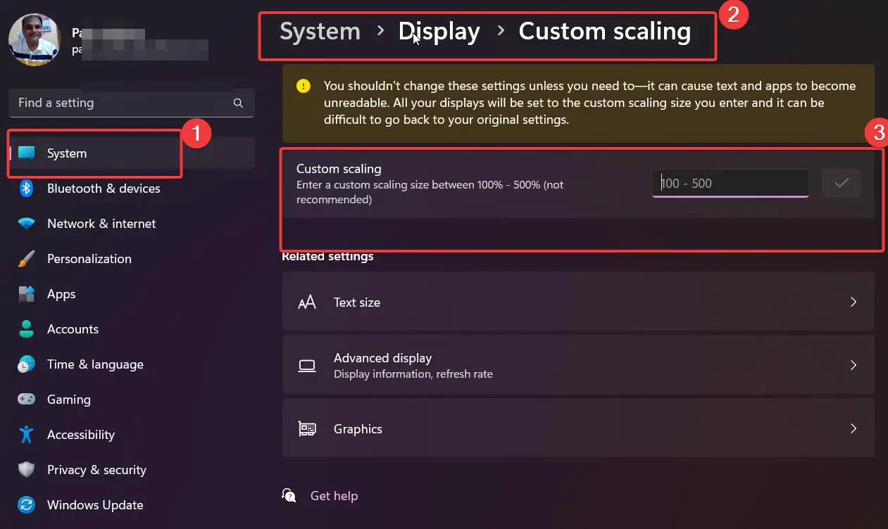 advanced scaling settings windows 11 set custom dpi