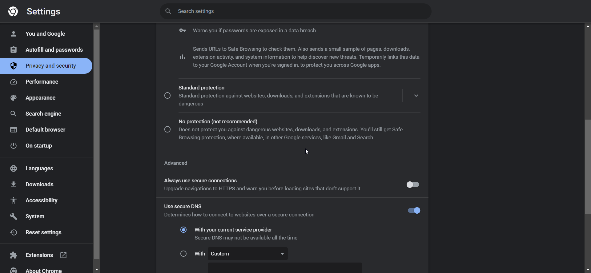 turn off always use secure connections setting in chrome