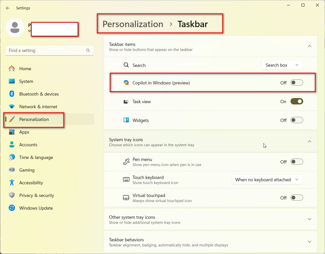 disable copilot windows 11 settings