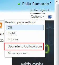 Options Drop-Down Menu In Hotmail