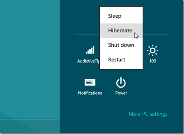 Windows_8_Hibernate Windows 8 Hibernate in Charms bar