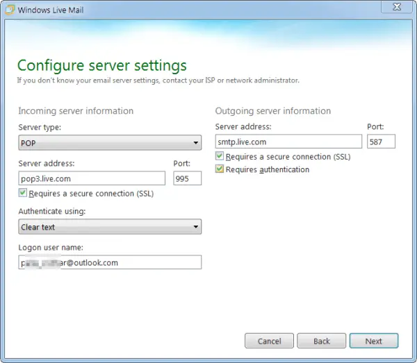 Configure Outlook.com Settings In Windows Live Mail 