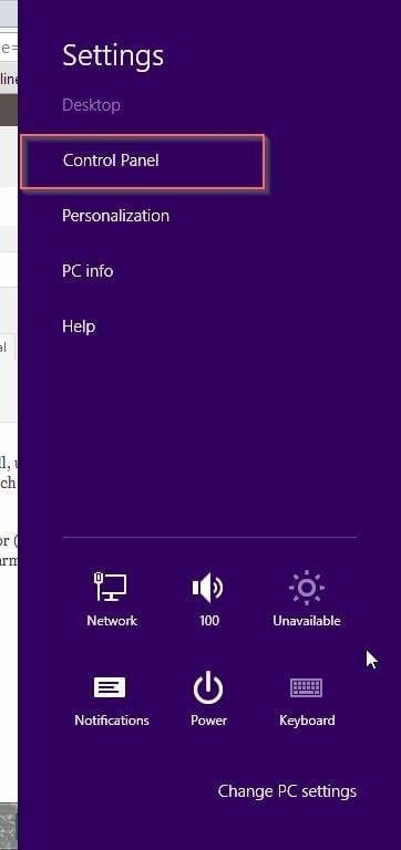 control panel settings windows 81