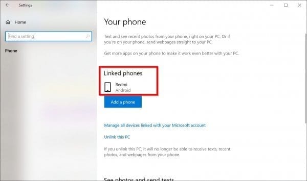 Your Phone Windows 10 Linked Mobile