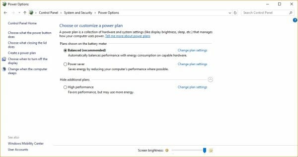 Power Options Windows 10
