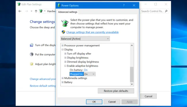enable or disable adaptive brightness using power options