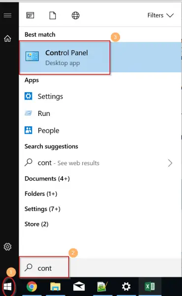 open control panel windows 10 start button