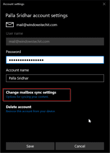 change mailbox sync settings windows 10 mail