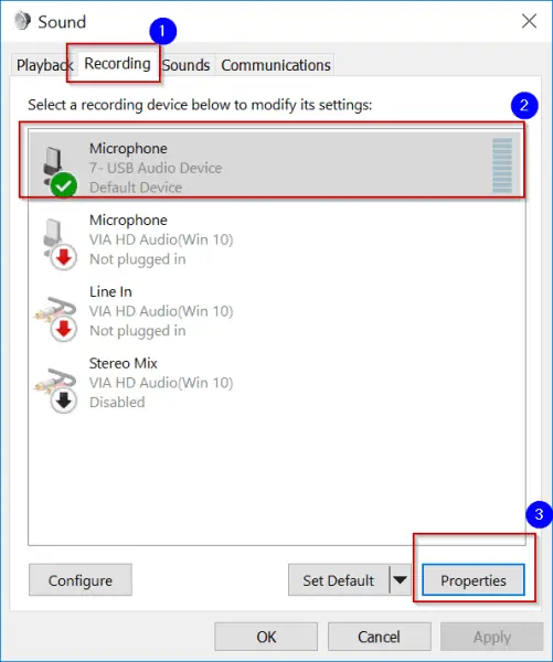 select default mic recording tab sound windows 10