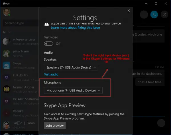 skype app windows 10 select default mic
