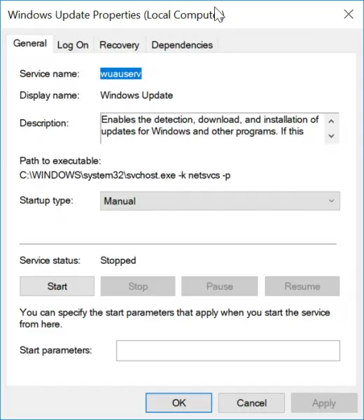 Windows Update Service Properties 10