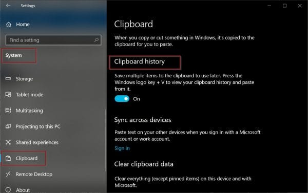 windows 10 clipboard history setting