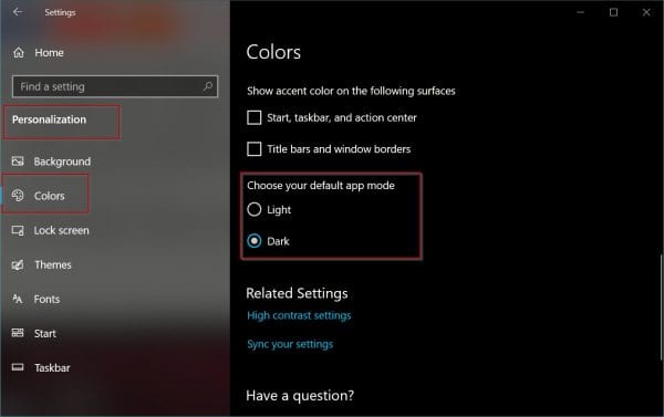 windows 10 dark mode setting