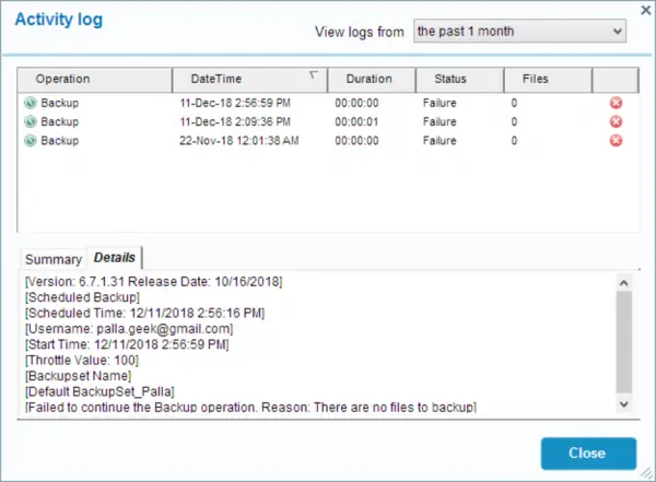 Idrive Activity Log