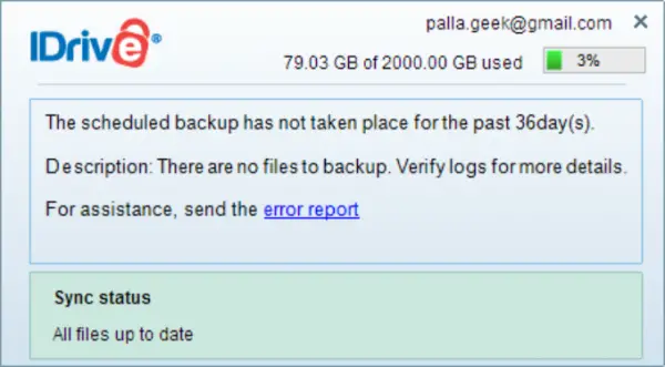 Idrive Sync Backup Message