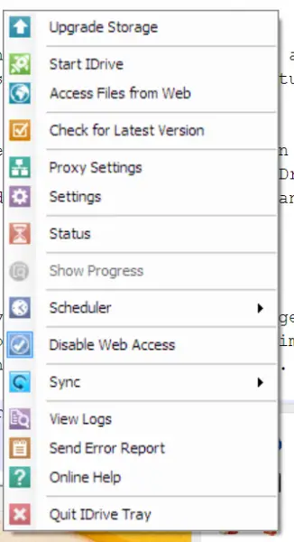 Idrive System Tray Right Click Settings