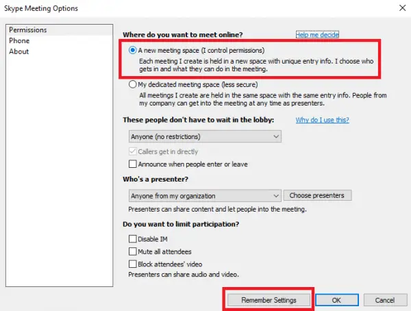 Skype Meeting Options