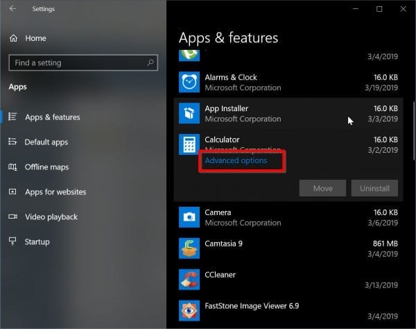 Advanced Options Windows 10 Apps Features