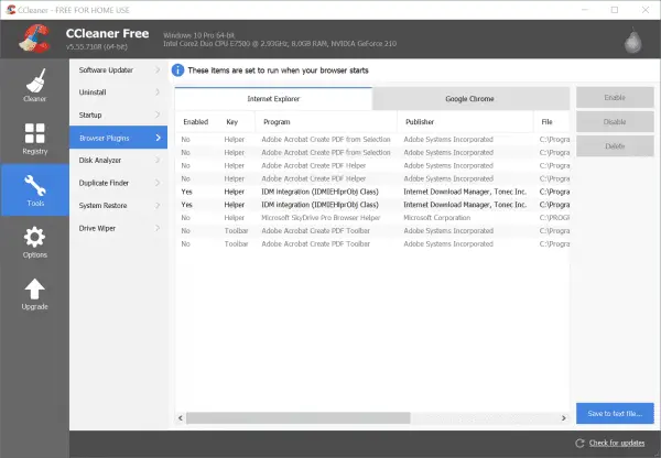 disable browser plugins for windows 10 pc