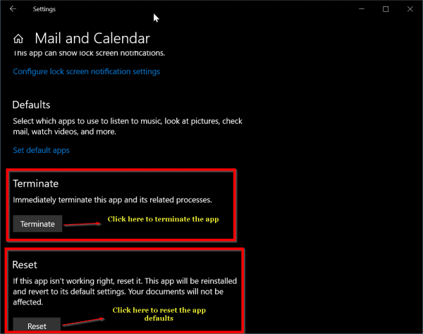 Terminate Reset App Windows 10 Advanced Options