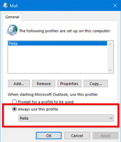 Default Outlook Profile Windows