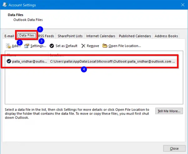 outlook account settings data files windows