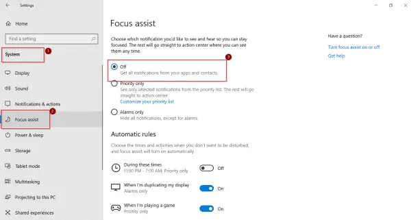 disable focus assist windows 10 1903