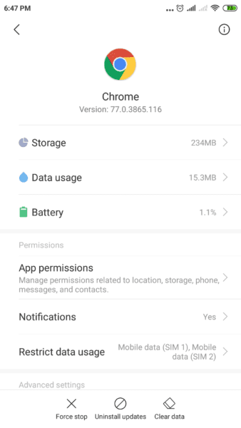 chrome app version settings