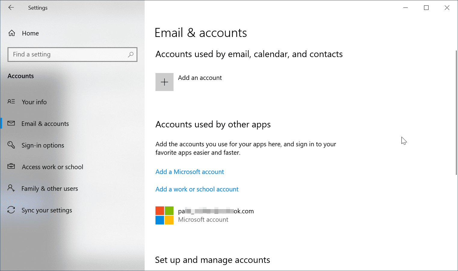 email and accounts windows 10