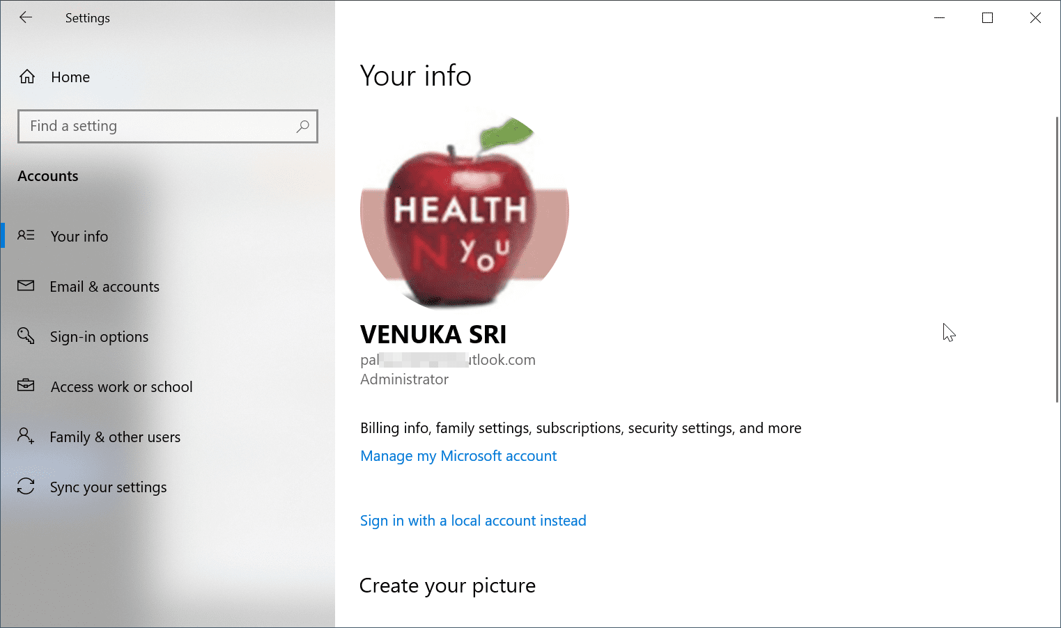 microsoft account windows 10 your info