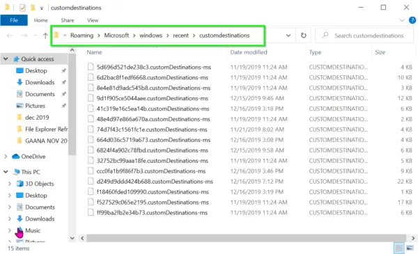 delete files in customdestinations folder file explorer refresh error fix