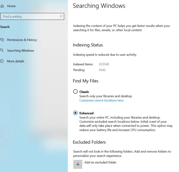 Windows 10 Indexing Options