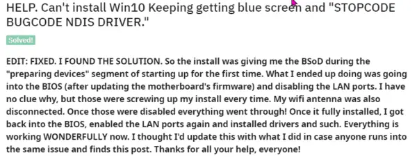 BUGCODE_NDIS_DRIVER error report on Windows 10