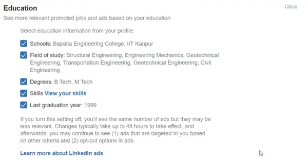 Education Ad Preferences Linkedin