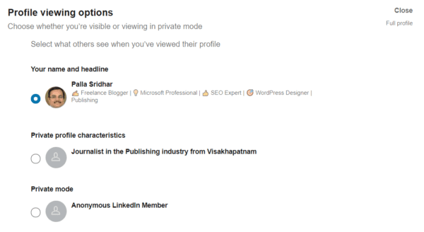 Profile Viewing Options Linkedin Privacy Setting