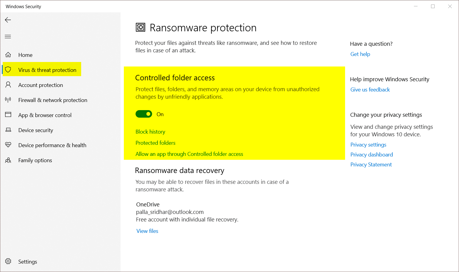 add protected folders windows 10