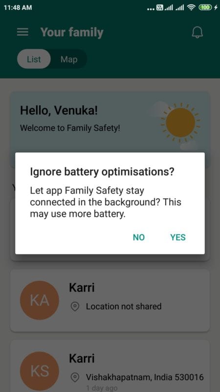 battery optimization warning family safety app