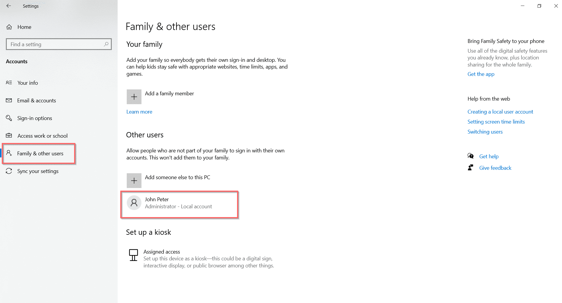 local admin account settings app