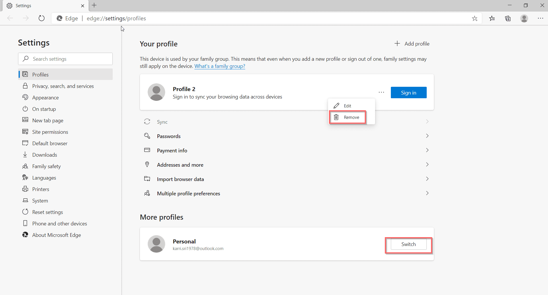 how to delete microsoft edge profile