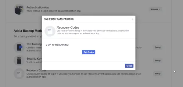 get recovery codes facebook 2fa app