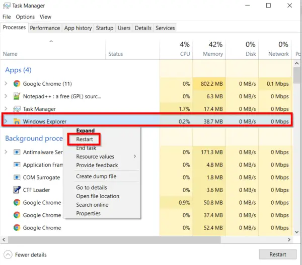 Restart File Explorer Windows 10