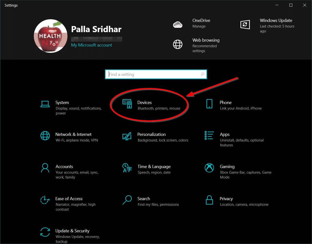 Turn on Bluetooth on Windows 10 - Settings and Switch 1 Settings Windows 10